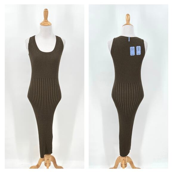 ALEXANDER MCQUEEN Genesis Ribbed Cotton Blend Midi Dress Womens Olive Green Knit - Picture 3 of 15